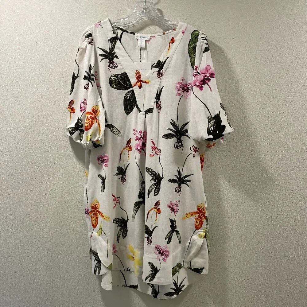 CYNTHIA ROWLEY NWT "Botanical" Sht Sleeve Linen Blend Mini Dress, Ivory/Multi L - Picture 2 of 12